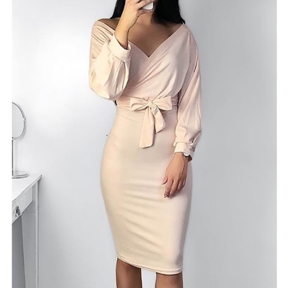 Nude Off-Shoulder Bodycon Wrap Dress - Picture 4 of 4